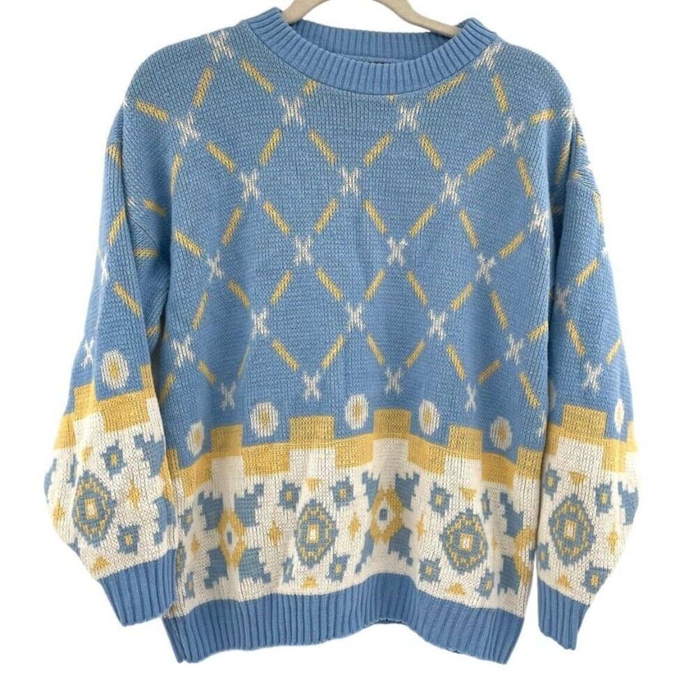 VTG Blue 80s Pullover Sweater Geometric Vaporwave Aesthetic USA Made Size Small